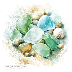 Puede incluir: Una ilustración en acuarela de vidrio marino y pequeñas piedras en tonos verde, azul, blanco y ámbar, dispuestas con una concha en espiral. La imagen incluye el texto DIGITAL DOWNLOAD 8 JPG 4096 x 4096 PX en la parte inferior.