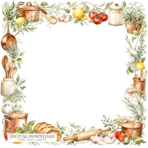 Pode incluir: Uma moldura decorativa quadrada com ilustrações em aguarela de artigos de cozinha, incluindo tachos de cobre, colheres de pau, pão, um rolo da massa, ervas frescas, alhos, limões e tomates vermelhos num fundo branco com texto.