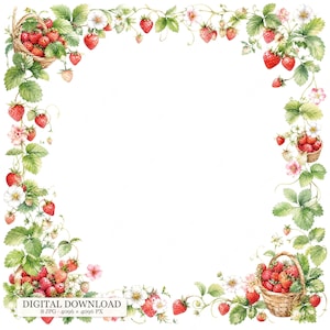 Pode incluir: Uma moldura decorativa quadrada com ilustrações em aguarela de morangos vermelhos, folhas verdes e flores brancas. O design inclui três cestos de vime cheios de morangos posicionados nos cantos da moldura.