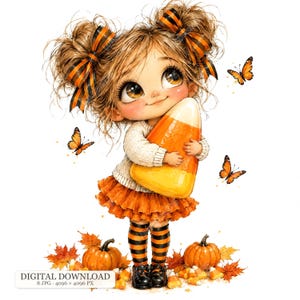 May include: A digital illustration of a child with messy brown hair in double buns tied with orange and black striped bows, wearing a white sweater and orange skirt, holding a large candy corn, surrounded by orange butterflies and pumpkins.
