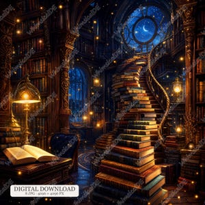 May include: A digital illustration of a library interior featuring a spiral staircase constructed from stacked books, tall wooden bookshelves, a glowing desk lamp, an open book on a desk, and a large circular window showing a crescent moon.