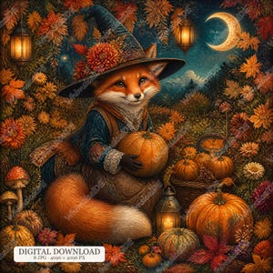 May include: A digital illustration of a fox wearing a dark blue witch hat adorned with orange flowers, holding a pumpkin. The scene features autumn leaves, glowing lanterns, mushrooms, and a crescent moon in a dark, starry night sky setting.