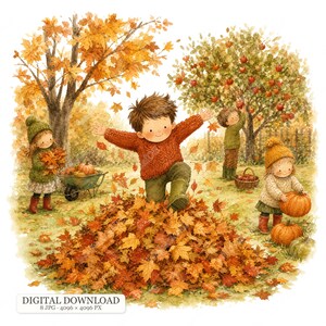 Könnte beinhalten: Eine Aquarellillustration von vier Kindern in einem herbstlichen Obstgarten. Ein Kind springt in einen großen Haufen aus orangefarbenen und gelben Blättern. Andere sammeln Kürbisse und Äpfel. Text unten: DIGITAL DOWNLOAD 8 JPG 4096 x 4096 PX.