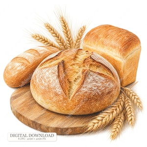 Könnte beinhalten: Ein runder Sauerteiglaib, ein rechteckiges Brot und ein ovales Brot auf einem runden Holzschneidebrett. Mehrere goldene Weizenähren sind hinter und vor dem Brot angeordnet. Der Text lautet DIGITAL DOWNLOAD.
