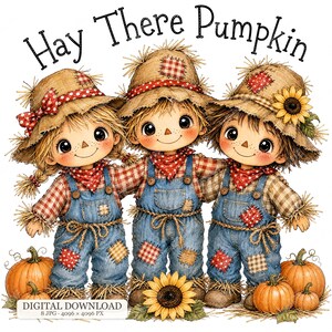 8 JPG Hay There Pumpkin Scarecrow Kids, Cute Fall Harvest Trio Illustrations, Pumpkin Patch Sunflower Clipart, Autumn Farmhouse Art