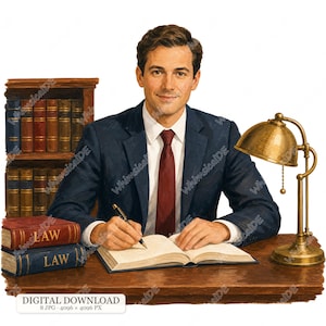 May include: A digital illustration of a person in a navy blue suit and maroon tie sitting at a wooden desk, writing in an open book. Beside them are two books labelled LAW, a bookshelf with multiple volumes, and a brass banker lamp.