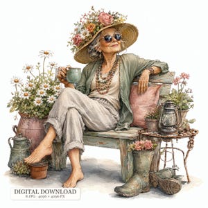 Puede incluir: Una ilustración de una persona mayor con un sombrero de paja adornado con flores rosas y blancas, gafas de sol, una blusa beige y pantalones claros. Está sentada en un banco de madera con una taza, rodeada de margaritas, un farol y botas.