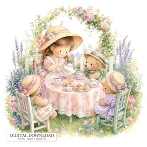 May include: A digital illustration of a child in a straw hat pouring tea for three teddy bears at a round table with a pink floral tablecloth. The scene includes cupcakes, teacups, and a garden setting with roses and lavender. Text reads: DIGITAL DOWNLOAD 8 JPG 4096 x 4096 PX.