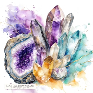 Könnte beinhalten: Eine Aquarellillustration eines Kristallclusters mit Spitzen aus violettem Amethyst, klarem Quarz und goldenem Citrin. Das Kunstwerk enthält lebendige Spritzer in Violett, Türkis und Gold sowie ein Etikett mit der Aufschrift DIGITAL DOWNLOAD.