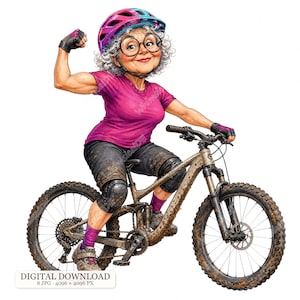 Puede incluir: Una ilustración de dibujos animados de una persona mayor con cabello blanco rizado, gafas redondas y un casco rosa montando una bicicleta de montaña embarrada. Viste una camiseta rosa, pantalones cortos negros, rodilleras y guantes sin dedos.