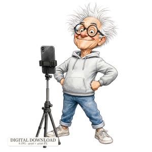 May include: A cartoon illustration of an elderly person with wild white hair and round black glasses, wearing a light grey hoodie, blue jeans, and white trainers. The person stands next to a black smartphone mounted on a black tripod stand.