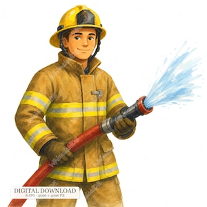 Pode incluir: Uma ilustração em aguarela de um bombeiro com capacete amarelo e equipamento de proteção bege com faixas amarelas refletoras. O bombeiro segura uma mangueira vermelha que lança um jato de água azul. O texto diz DIGITAL DOWNLOAD.