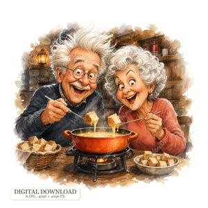 Op de afbeelding: Een illustratie van een ouder echtpaar met wit haar dat kaasfondue eet uit een feloranje pan op een brander. Ze houden vorken met broodblokjes boven de pan. Een mandje met broodblokjes en een kommetje met brood staan op de tafel.