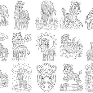 May include: A collection of fifteen black and white line art illustrations featuring cartoon zebras in various poses, including grazing, playing, resting, and interacting with nature elements like trees, flowers, a butterfly, and a small bird.