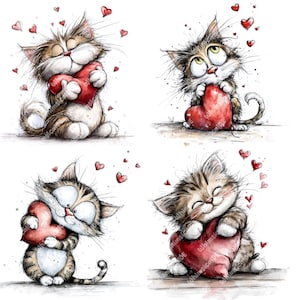 Könnte beinhalten: Vier Aquarellillustrationen von entzückenden Cartoon-Katzen, die rote Herzen halten. Die Katzen haben verschiedene Ausdrücke, umgeben von schwebenden Herzen. Das Kunstwerk hat ein skurriles, liebevolles Thema, perfekt für den Valentinstag oder Katzenliebhaber.