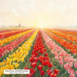 May include: A digital painting of a vast tulip field with rows of yellow, red, and pink flowers stretching toward a horizon featuring a windmill under a soft, golden sunrise. The image includes the text DIGITAL DOWNLOAD 8 JPG 4096 x 4096 PX.