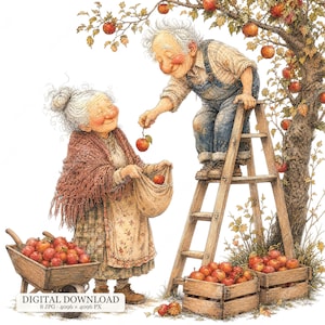8 JPG-illustrationer av gammalt par vid äppelskörden, farfar, mormor, fruktträdgårdskonst, clipart med höstbondgårdspar, karaktärer för höstskörden