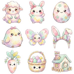 Könnte beinhalten: Aquarellillustrationen von Osterfiguren, darunter ein Lamm, ein Hase, ein Küken, ein Schmetterling, ein Ei, ein Hasenohren-Stirnband, eine Karotte, ein Eierkorb und ein Hasenhaus. Alle sind in Pastellfarben gehalten und haben ein niedliches Design.