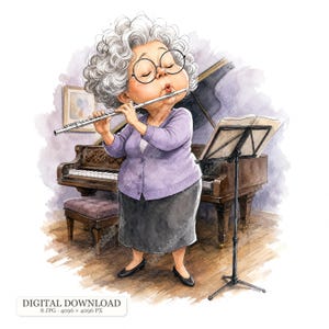 Op de afbeelding: Een aquarelillustratie van een ouder persoon met krullend grijs haar en een ronde bril die op een zilveren dwarsfluit speelt. De persoon draagt een paars vest en een donkere rok. Een vleugelpiano en een muziekstandaard zijn zichtbaar.