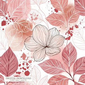 Könnte beinhalten: Ein digitales Muster mit einer zentralen Strichzeichnungsblume, umgeben von botanischen Blättern in staubigen Rosa- und gedämpften Rottönen. Das Design enthält aquarellartige Spritzer auf weißem Hintergrund mit Text am unteren Rand.