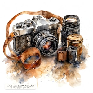 May include: A vintage-style 35mm film camera with a silver and black body, a brown leather neck strap, an extra lens, a metal film canister, and a strip of exposed film. The illustration features watercolour-style brown and blue paint splatters.