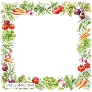 Può includere: Una cornice quadrata composta da illustrazioni ad acquerello di verdure fresche tra cui pomodori rossi, carote arancioni, lattuga verde, barbabietole viola, ravanelli e baccelli di piselli, che circondano un grande spazio bianco centrale.