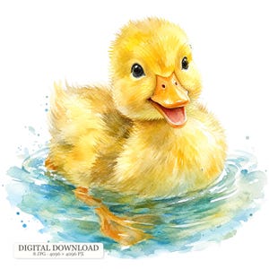 May include: A watercolor illustration of a fluffy yellow duckling swimming in blue water. The duckling has dark eyes and an orange beak, with its mouth slightly open. A white rectangular box at the bottom contains the text DIGITAL DOWNLOAD 8 JPG 4096 x 4096 PX.