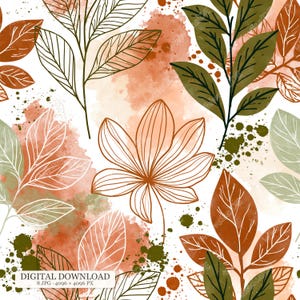 Könnte beinhalten: Ein nahtloses Muster mit botanischen Strichzeichnungen verschiedener Blätter, die über Aquarellflecken in Rostorange, Olivgrün und Pfirsich auf weißem Grund liegen. Das Design enthält den Text DIGITAL DOWNLOAD 8 JPG 4096 x 4096 PX.