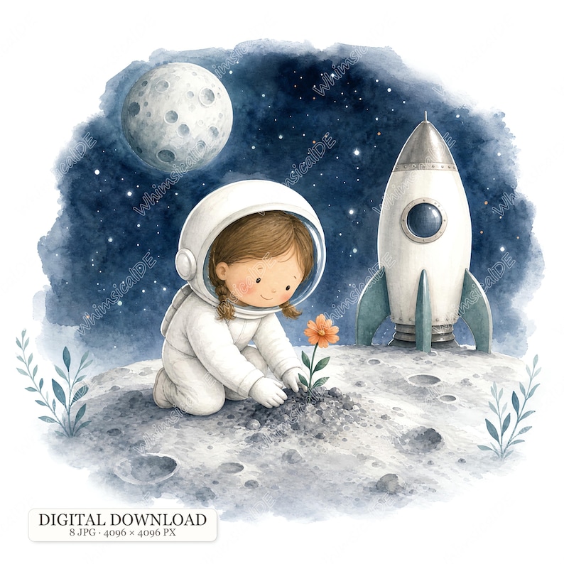 8 JPG Kids Astronaut Clipart, Watercolor Space Children Illustrations ...