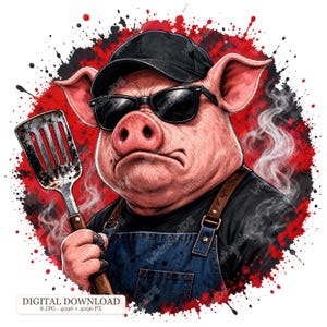 Könnte beinhalten: Ein rosa Schwein mit schwarzer Baseballkappe und schwarzer Sonnenbrille, bekleidet mit einer dunkelblauen Jeansschürze über einem schwarzen Hemd. Das Schwein hält einen Metallpfannenwender vor einem kreisförmigen Hintergrund aus roten und schwarzen Farbspritzern.