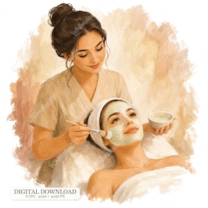 May include: A digital illustration of a spa treatment featuring a person in a beige uniform applying a light green facial mask with a brush to another person wearing a white headband. The text reads DIGITAL DOWNLOAD 8 JPG 4096 x 4096 PX.