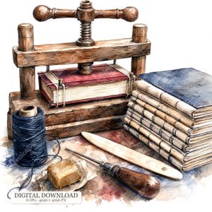 May include: A watercolor illustration of bookbinding tools including a wooden book press with a red book, a stack of five bound books, a spool of dark blue thread, a bone folder, and a wooden-handled awl, with text reading DIGITAL DOWNLOAD.
