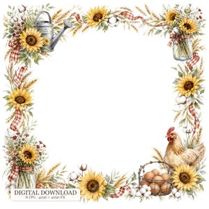 Könnte beinhalten: Ein quadratischer dekorativer Rahmen mit Sonnenblumen, Baumwollblüten, Weizenähren und rot-karierten Bändern. Das Design zeigt eine Metallgießkanne, Glasgefäße mit Blumenarrangements, ein Huhn und einen Drahtkorb mit braunen Eiern.