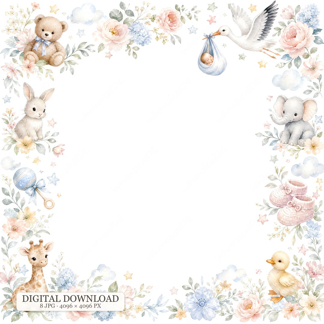 Window Frame Border Art 8 JPG Baby Shower Border Clipart, Watercolor Baby Animals, Stork ...