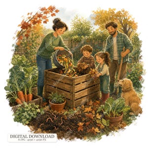 Puede incluir: Una ilustración de una familia haciendo compost en un jardín. Una persona vierte residuos orgánicos en un contenedor de madera mientras otra sostiene una pala. Dos niños añaden hojas y un perro dorado está sentado cerca. Hay zanahorias.