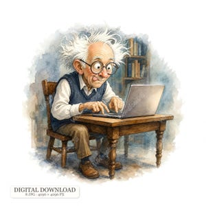 Könnte beinhalten: Eine Aquarellillustration einer älteren Person mit wildem weißem Haar und runder Brille, die eine marineblaue Strickweste und ein weißes Hemd trägt und an einem Holztisch sitzt, während sie auf einem silbernen Laptop tippt.
