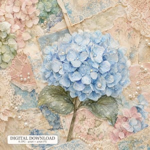 Könnte beinhalten: Ein digitales Bild mit einer zentralen hellblauen Hortensienblüte mit grünen Blättern, akzentuiert durch kleine weiße Perlen. Der Hintergrund besteht aus geschichteten, vintage-artigen Papierstücken, Spitzenstrukturen und floralen Mustern.