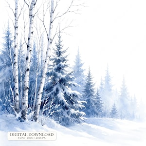 Op de afbeelding: Een aquarelillustratie van een winterse bosscène met hoge witte berken met donkere markeringen en dichte groenblijvende dennenbomen bedekt met sneeuw. De grond is bedekt met witte sneeuw en de tekst luidt DIGITAL DOWNLOAD 8 JPG 4096 x 4096 PX.