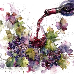 8 JPG Vineyard Watercolour Harvest, Wine Grapes Clipart, Wine Glass Illustration, Vine Leaves Autumn Art, Rustic Wine Country Clipart