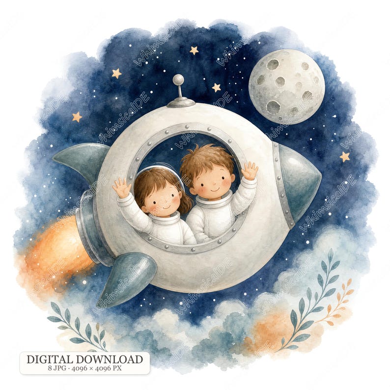 8 JPG Kids Astronaut Clipart, Watercolor Space Children Illustrations ...