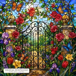 8 JPG Stained Glass Spring Garden Scenes, Tulip Rose Iris Floral Illustrations, Bird Butterfly Garden Art, Collage Sheet Designs