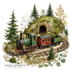 Könnte beinhalten: Eine Aquarellillustration einer grünen und schwarzen Dampflokomotive, die einen roten Personenwagen und einen grünen Güterwagen auf Schienen zieht. Der Zug kommt aus einem Steintunnel in einem Hügel, umgeben von Tannen und goldenem Laub.
