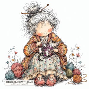 Könnte beinhalten: Eine skurrile Illustration einer Person mit unordentlichem grauem Haar im Dutt, die eine gemusterte orangefarbene Strickjacke und einen Blumenrock trägt, strickend mit einem kleinen Kätzchen, das sich in einem lila Wollknäuel verfangen hat.