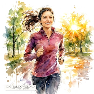 Könnte beinhalten: Eine Aquarellillustration einer Person mit Pferdeschwanz beim Laufen im Freien. Die Person trägt ein langärmeliges, kastanienbraunes Sportoberteil mit Reißverschluss und eine dunkle Hose. Der Text DIGITAL DOWNLOAD 8 JPG 4096 x 4096 PX ist zu sehen.