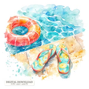 Puede incluir: Una ilustración en acuarela que muestra un flotador inflable naranja en agua azul junto a un par de chanclas turquesas con estampado de rodajas de limón amarillo sobre una cubierta de piscina de baldosas color canela. Texto: DIGITAL DOWNLOAD.