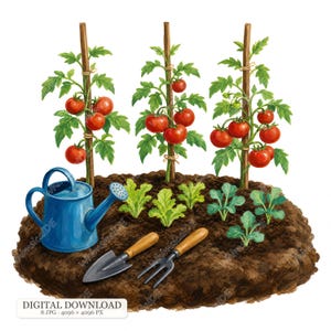 Könnte beinhalten: Eine digitale Illustration eines Gartenbeets mit drei an Holzpfählen befestigten Tomatenpflanzen, einer blauen Gießkanne, einer Handschaufel und einem Handgrubber. Der Boden enthält kleine grüne Blattpflanzen. Text: DIGITAL DOWNLOAD 8 JPG 4096 x 4096 PX.