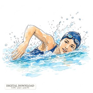 May include: A watercolour illustration of a swimmer in a dark blue swimsuit and cap with goggles, performing a freestyle stroke in blue water with visible splashes. The text DIGITAL DOWNLOAD 8 JPG 4096 x 4096 PX is printed at the bottom.