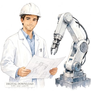 Könnte beinhalten: Eine Aquarellillustration eines Ingenieurs mit weißem Schutzhelm und Laborkittel, der einen technischen Bauplan hält. Neben dem Ingenieur steht ein mechanischer Roboterarm in Grau. Der Text lautet DIGITAL DOWNLOAD 8 JPG 4096 x 4096 PX.