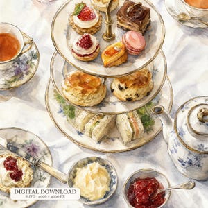 May include: A watercolor illustration of a three-tiered afternoon tea set featuring pastries, scones, and finger sandwiches. The scene includes a teapot, a teacup, a bowl of clotted cream, and a bowl of jam, all arranged on a white tablecloth.