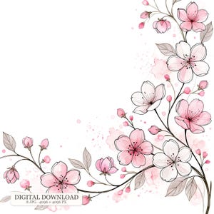 Könnte beinhalten: Eine digitale Illustration von Kirschblütenzweigen mit rosa und weißen Blüten, Knospen und grauen Blättern in einer Eckanordnung. Das Bild zeigt aquarellartige Farbspritzer und den Text DIGITAL DOWNLOAD 8 JPG 4096 x 4096 PX.